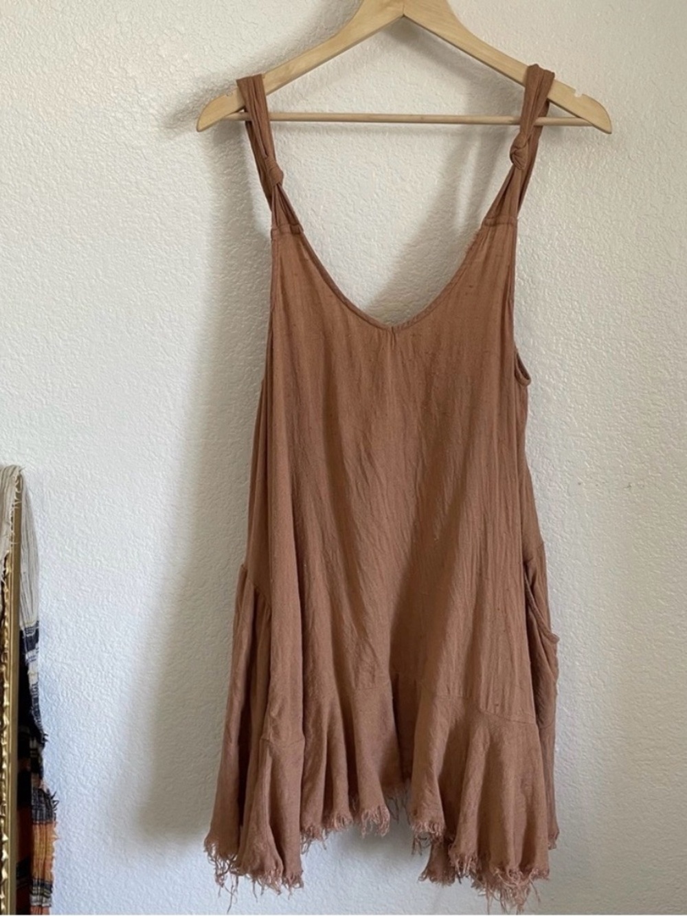 Free People Tank Top Mini Dress Trapeze Tunic Frayed Hem Pockets Flowy Brown Tan